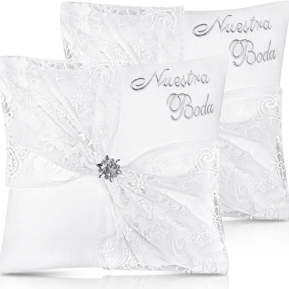 Elegant Wedding Kneeling Pillows (Set of 2) - 17x15" Satin Lace with Rhinestones - Picture 1 of 6
